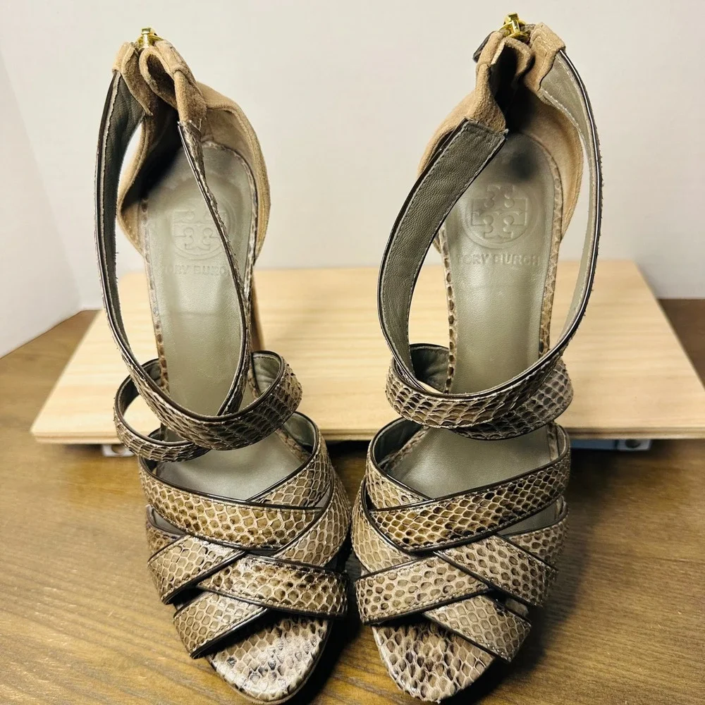 Tory Burch Venice Snakeskin Suede Platform Strappy‎ Heels Tan Brown 7.5M Exotic